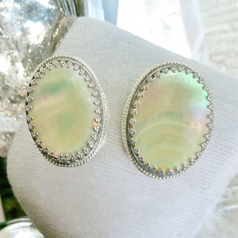Earrings vintage Whiting & Davis large earrings  mother of pearl on silver
